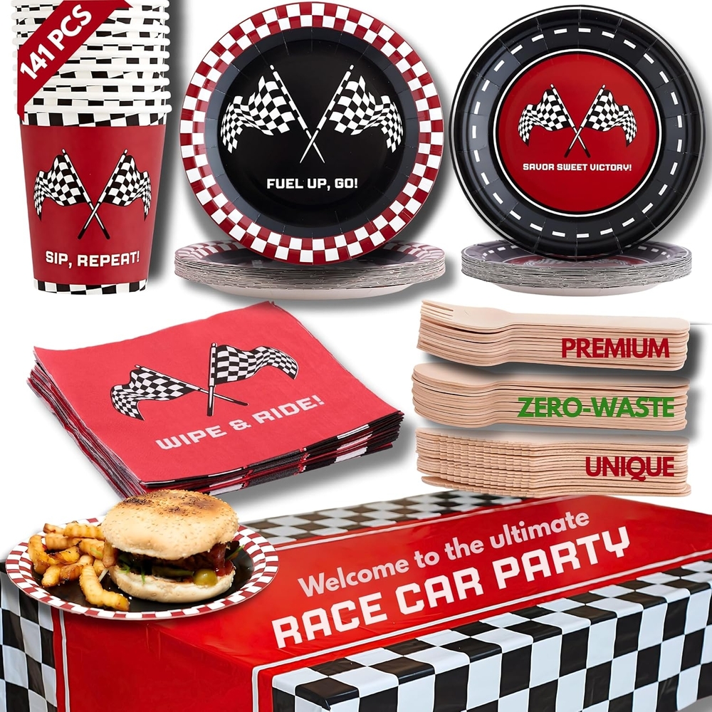 Race Car Party Supplies Disposable Tableware Set - Red and Black